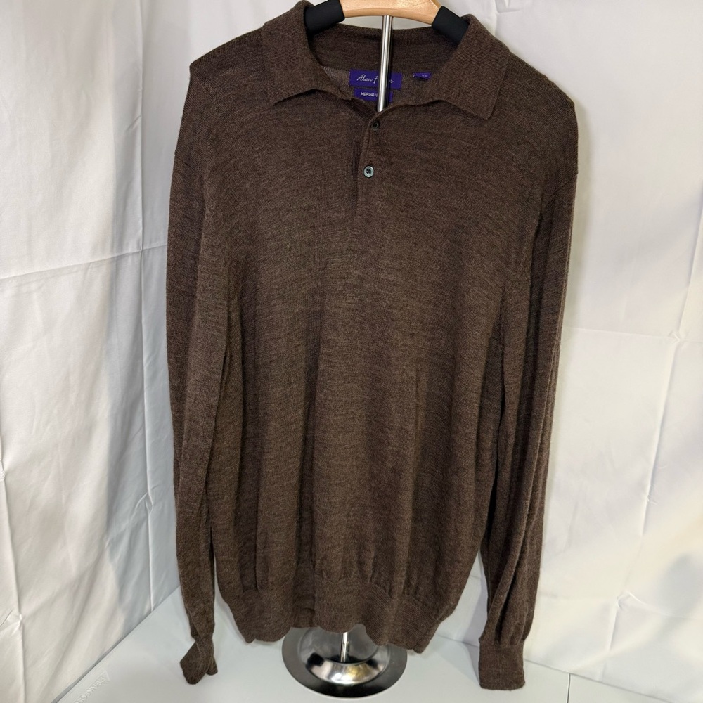 Alan Flusser Merino Wool Brown Long‎ Sleeve Polo Sweater Mens L